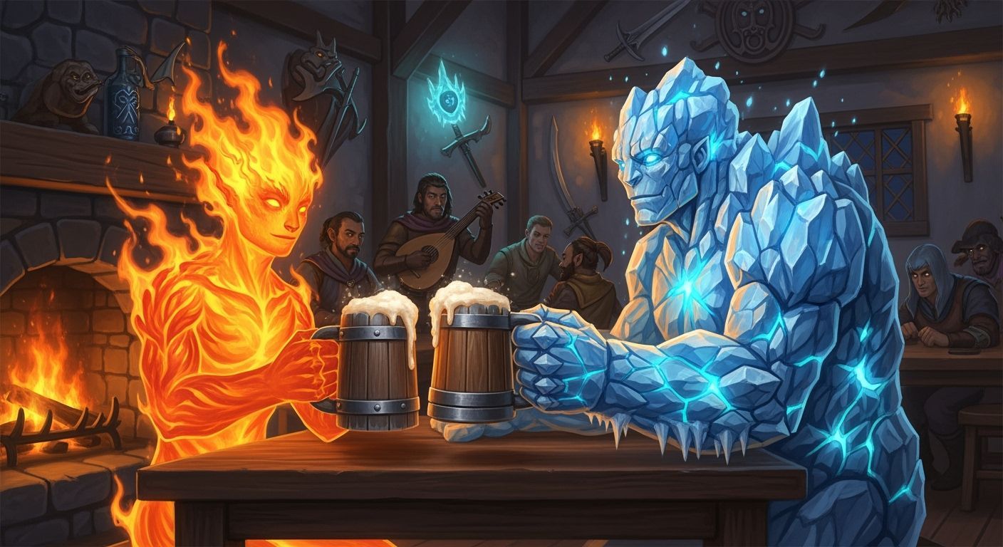 Fire Spirit & Ice Golem Friendship in Fantasy Tavern