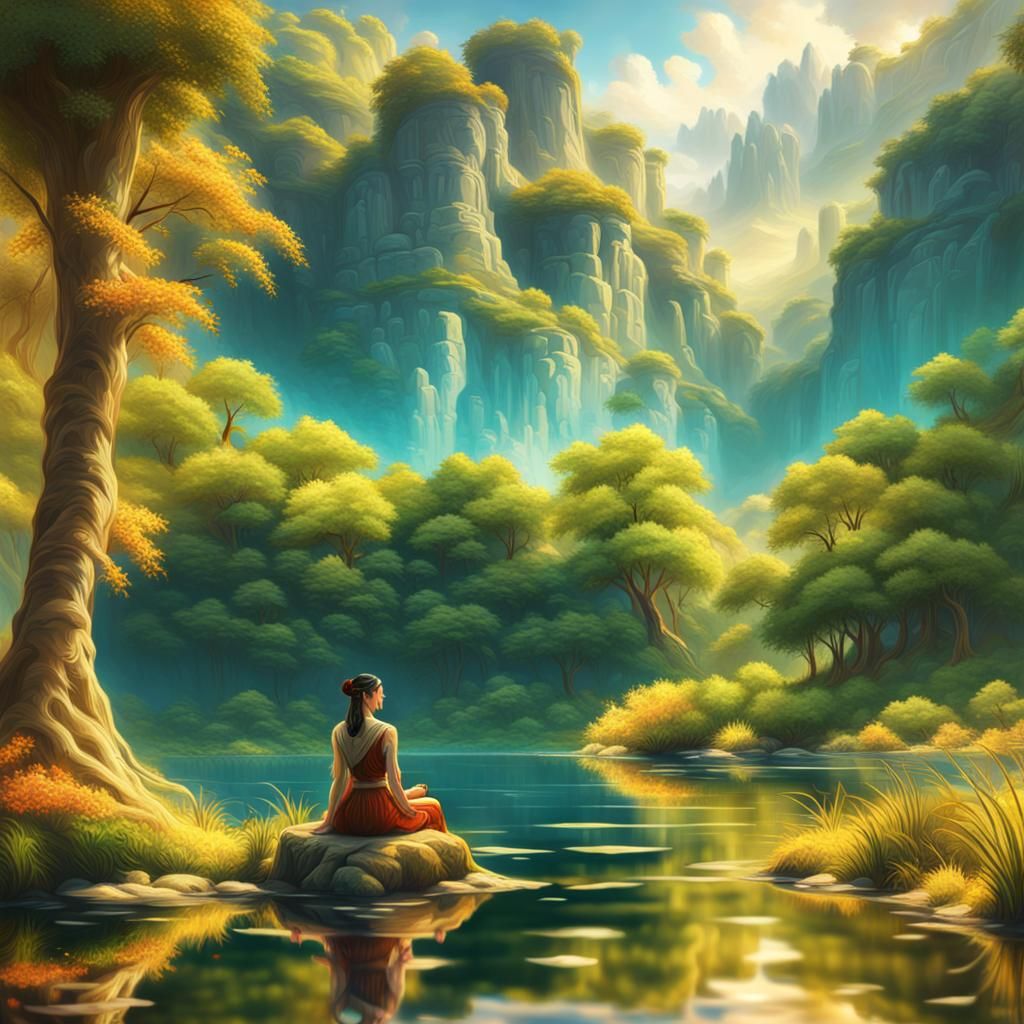 Nyad Contemplates Reflection: Renaissance Oil Painting