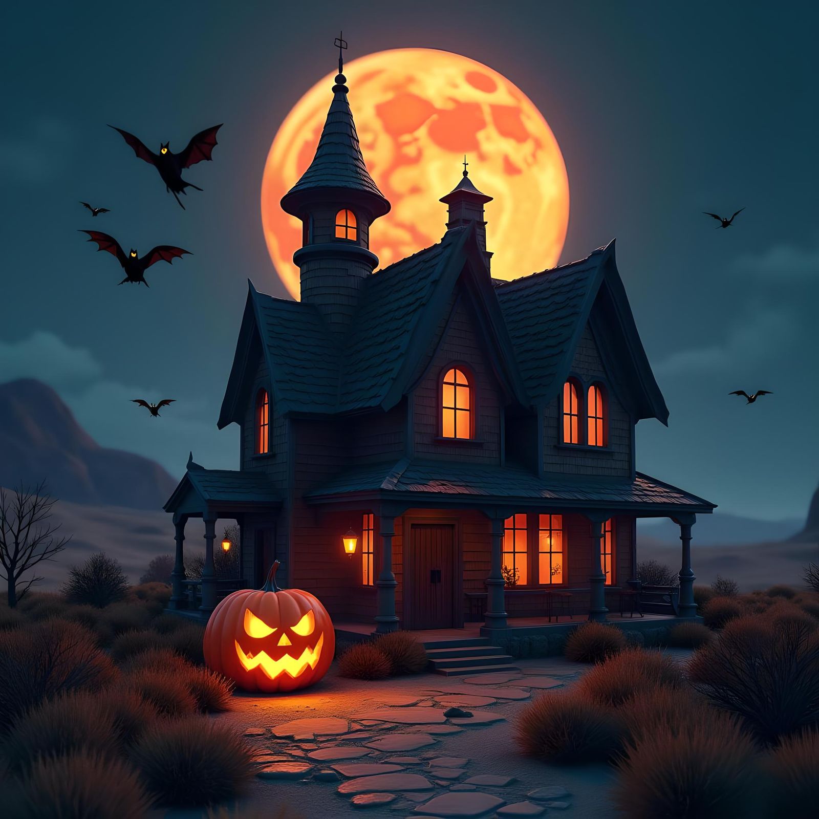 Haunted Desert House Under Orange Moon