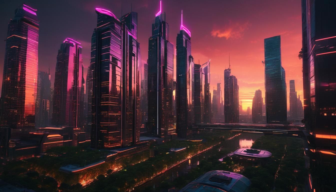 Futuristic Cityscape at Sunset in Digital Art Style