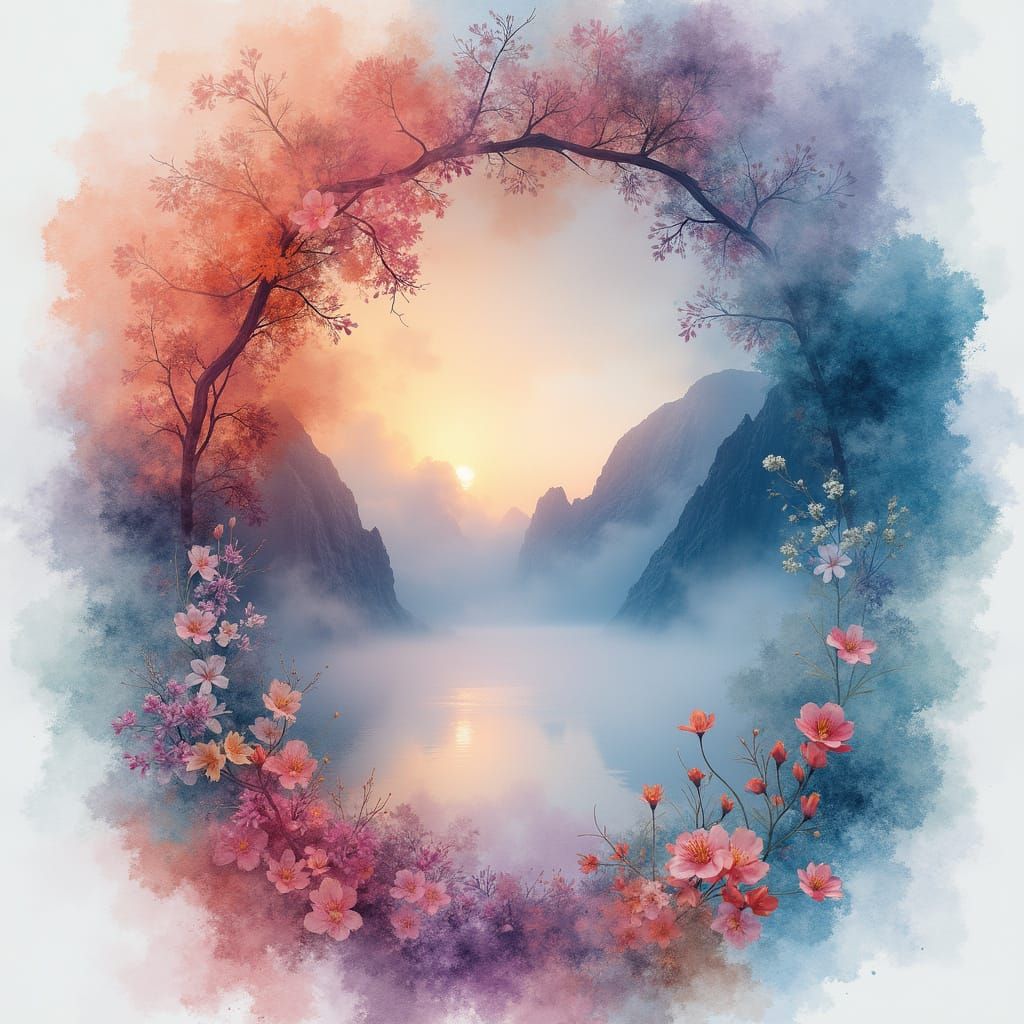 Dreamy Watercolor Landscape in Whimsical Colors