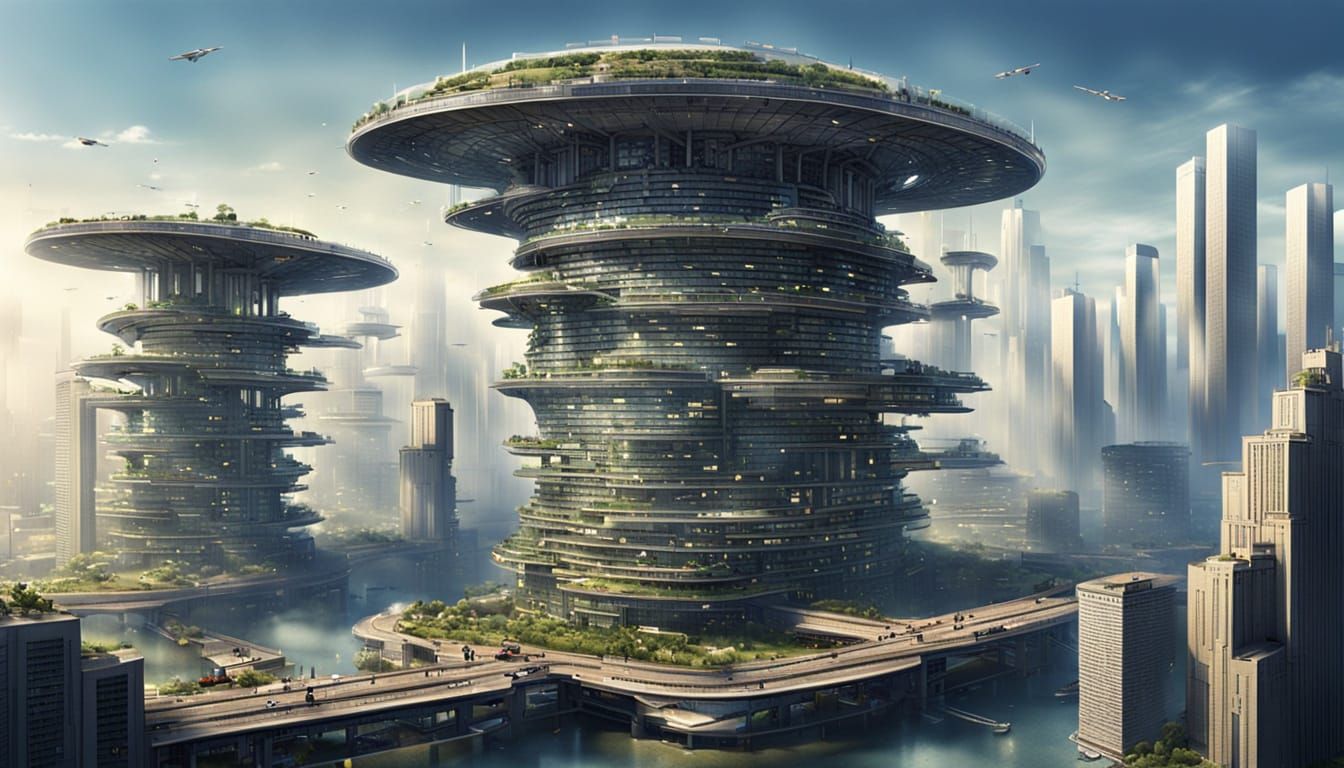 Dystopian Futuristic Cityscape in Utopian Style