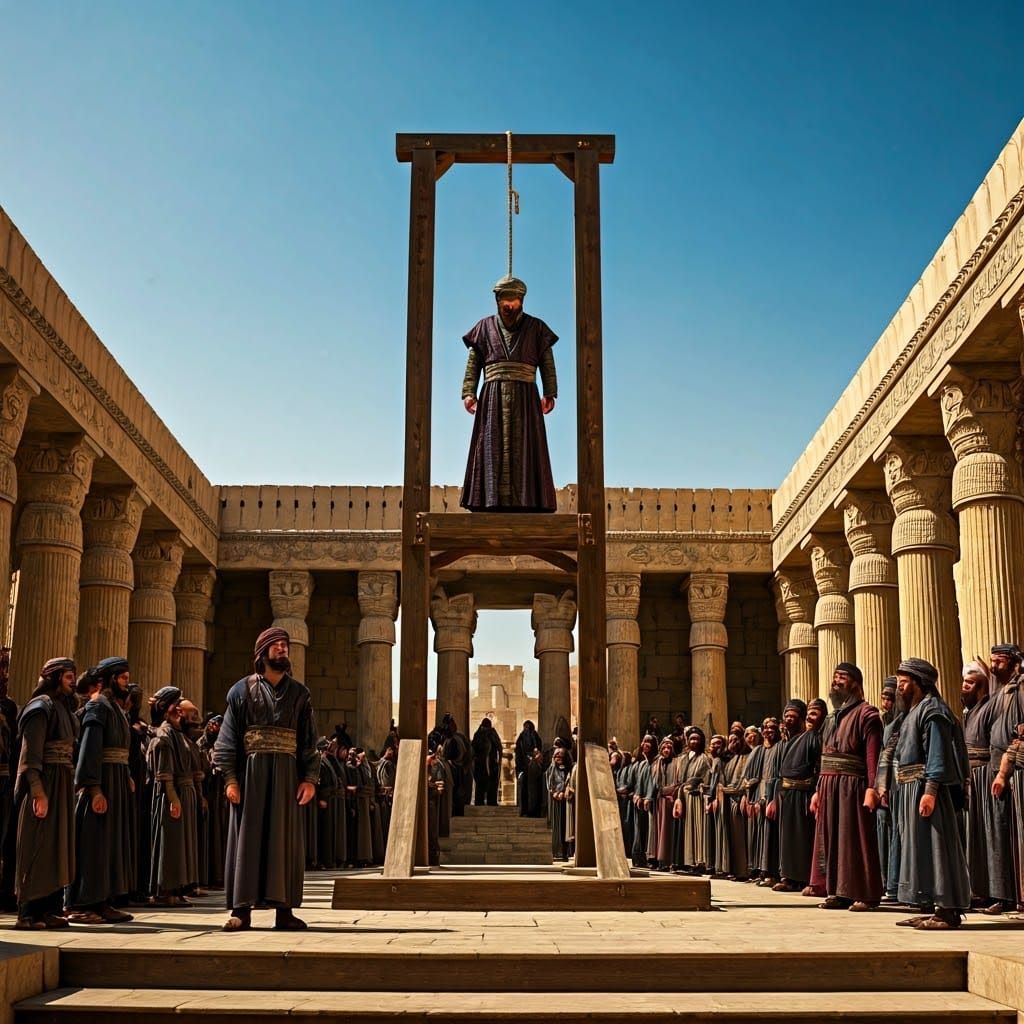 Haman Hangs High on a Persian Gallows, Surrounded by Imperia...