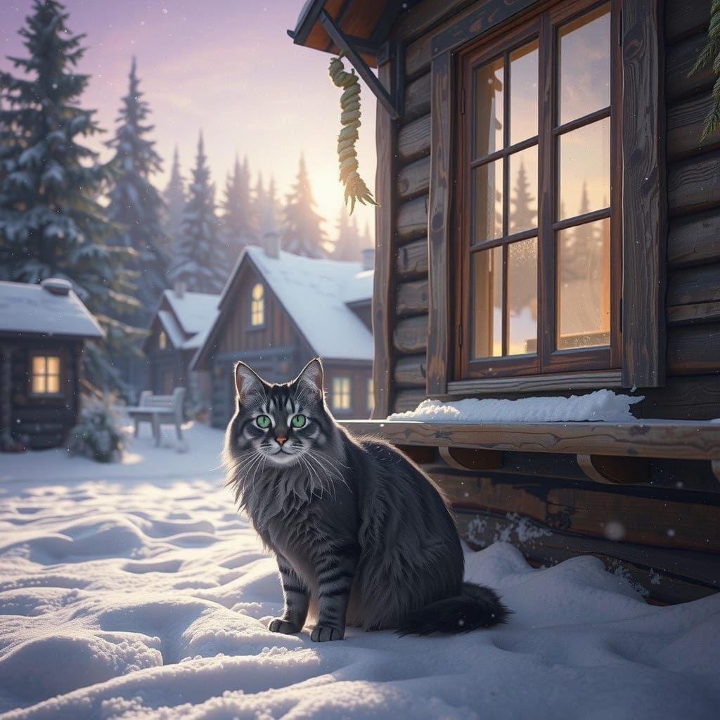 Majestic Long-Haired Gray Cat Serenely Strides Through Winte...