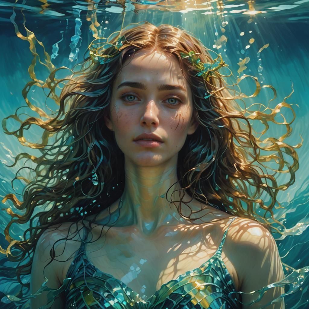 Woman Sinking in Ocean: Detailed Fantasy Art