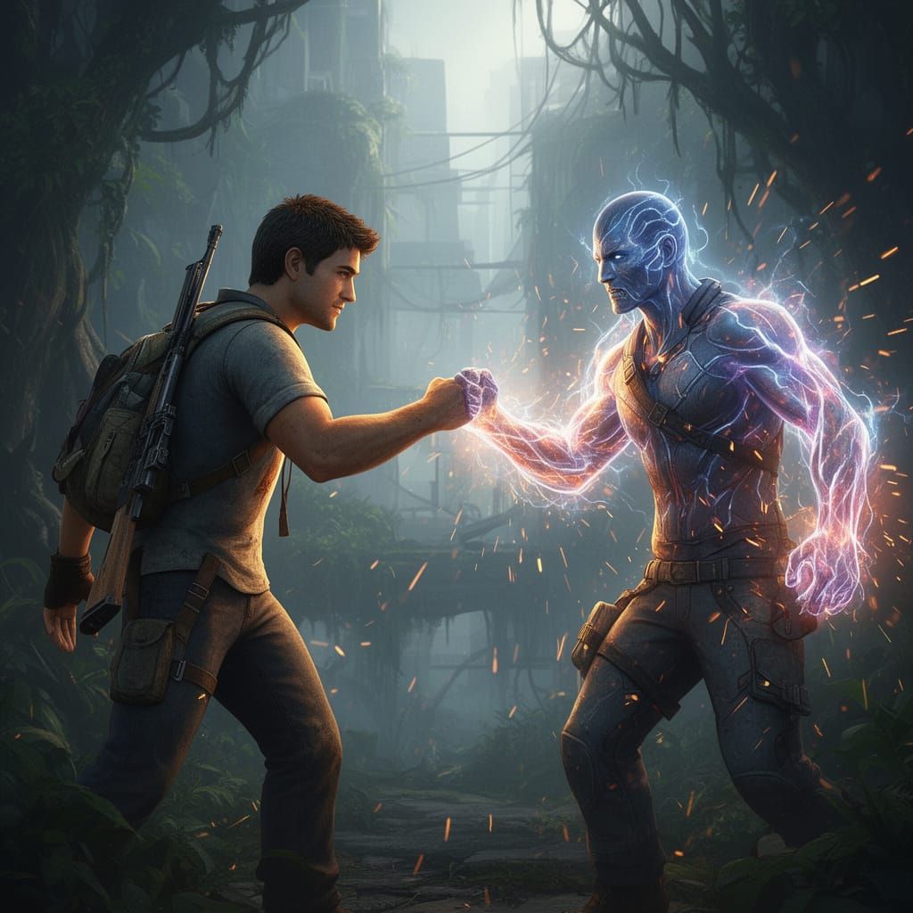 Nathan Drake and Cole MacGrath Fist Bump in Action Scene
