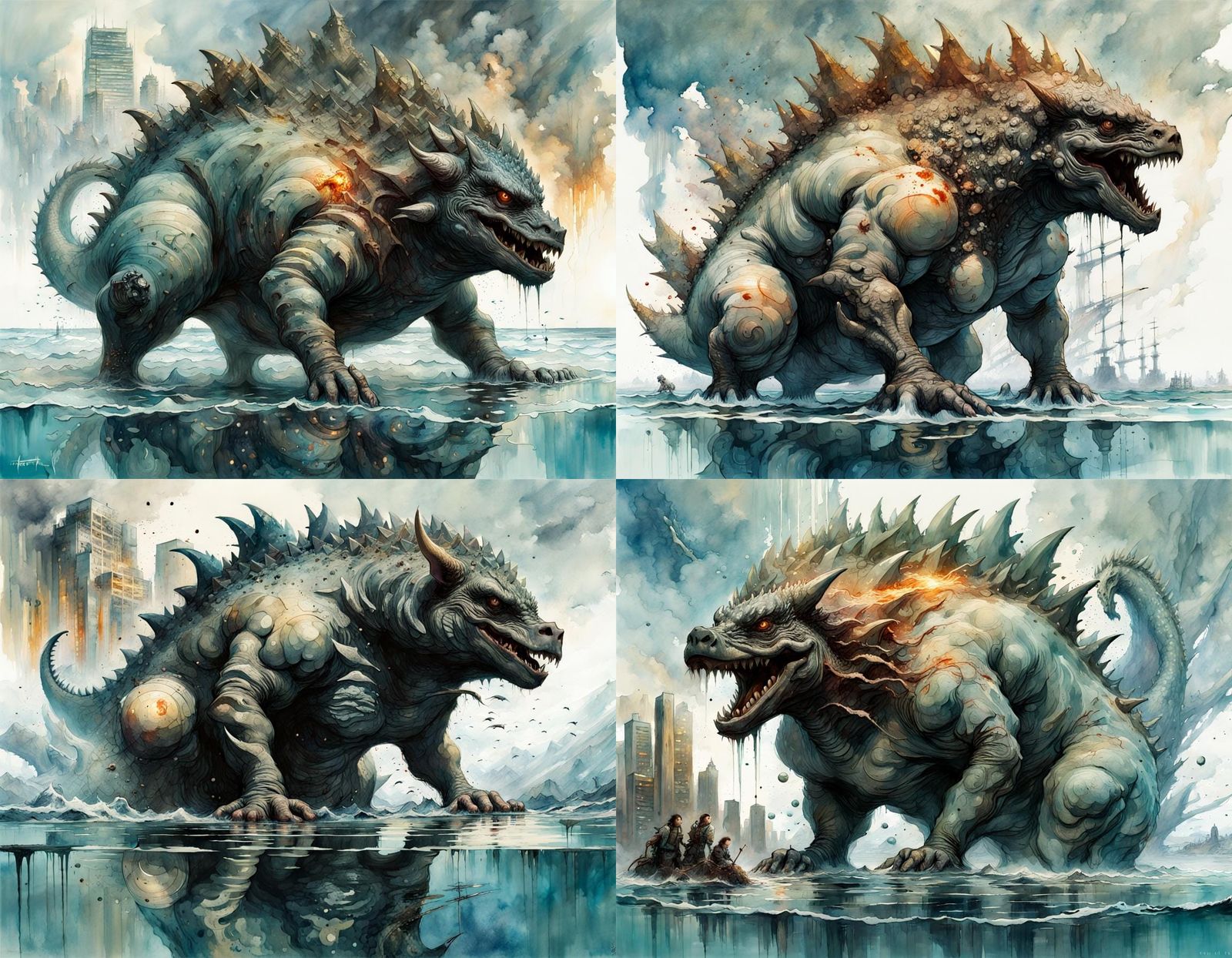 Godzilla-Pig Hybrid Monster in Watercolor Oceanscape