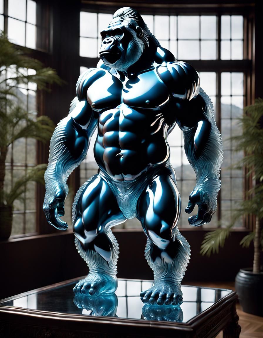 Intricate Glass Gorilla Sculpture: A Translucent Masterpiece