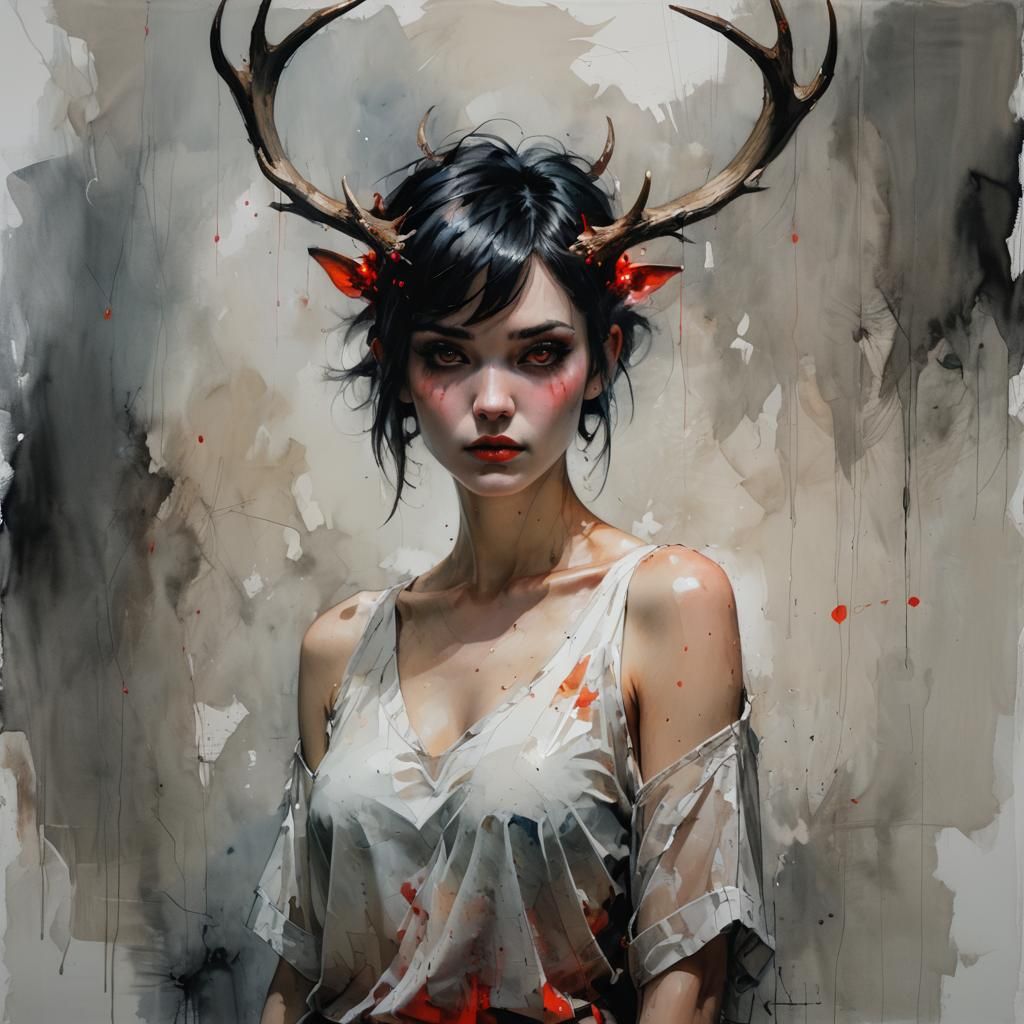 Antlered Woman with Glowing Eyes: Surreal Portrait