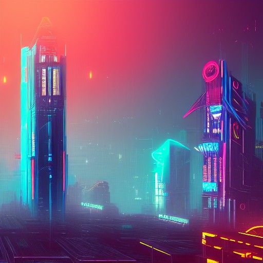 Neon Cyberpunk Tower Reaching the Clouds