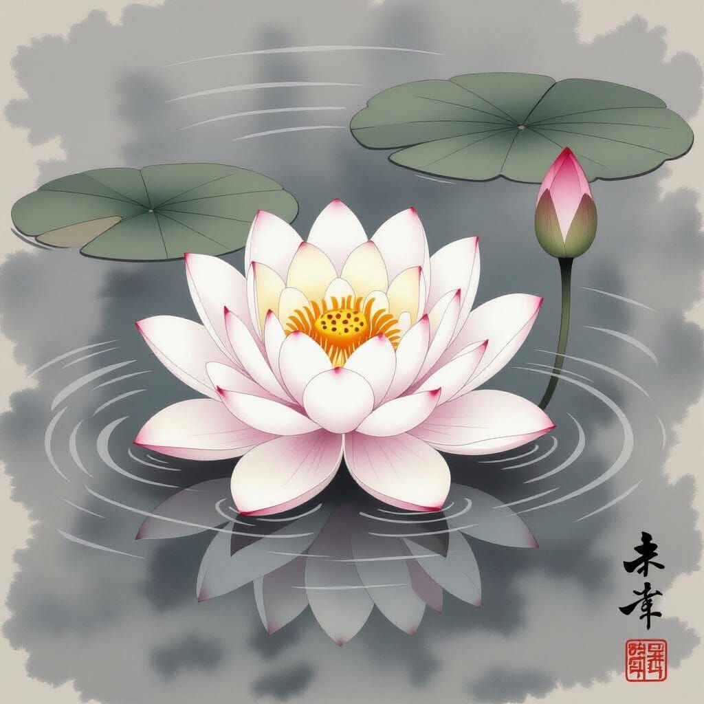 Serene Lotus Bloom on Tranquil Pond in Sumi-e Style