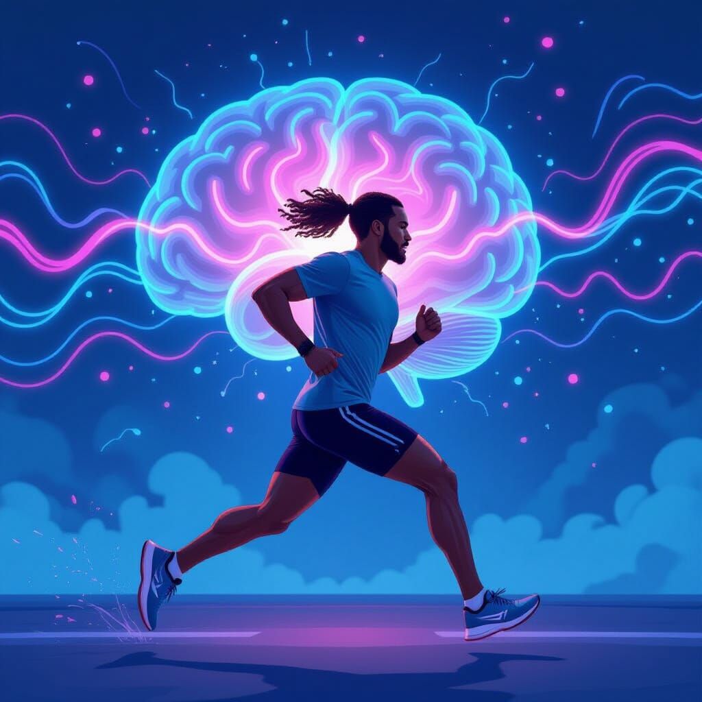 Runner Surrounded by Animated Brainwaves in Bioluminescent S...