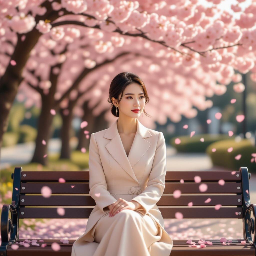Chinese Businesswoman in Cherry Blossom Park