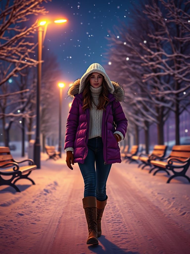 Young Woman's Serene Winter Stroll under Golden Streetlights