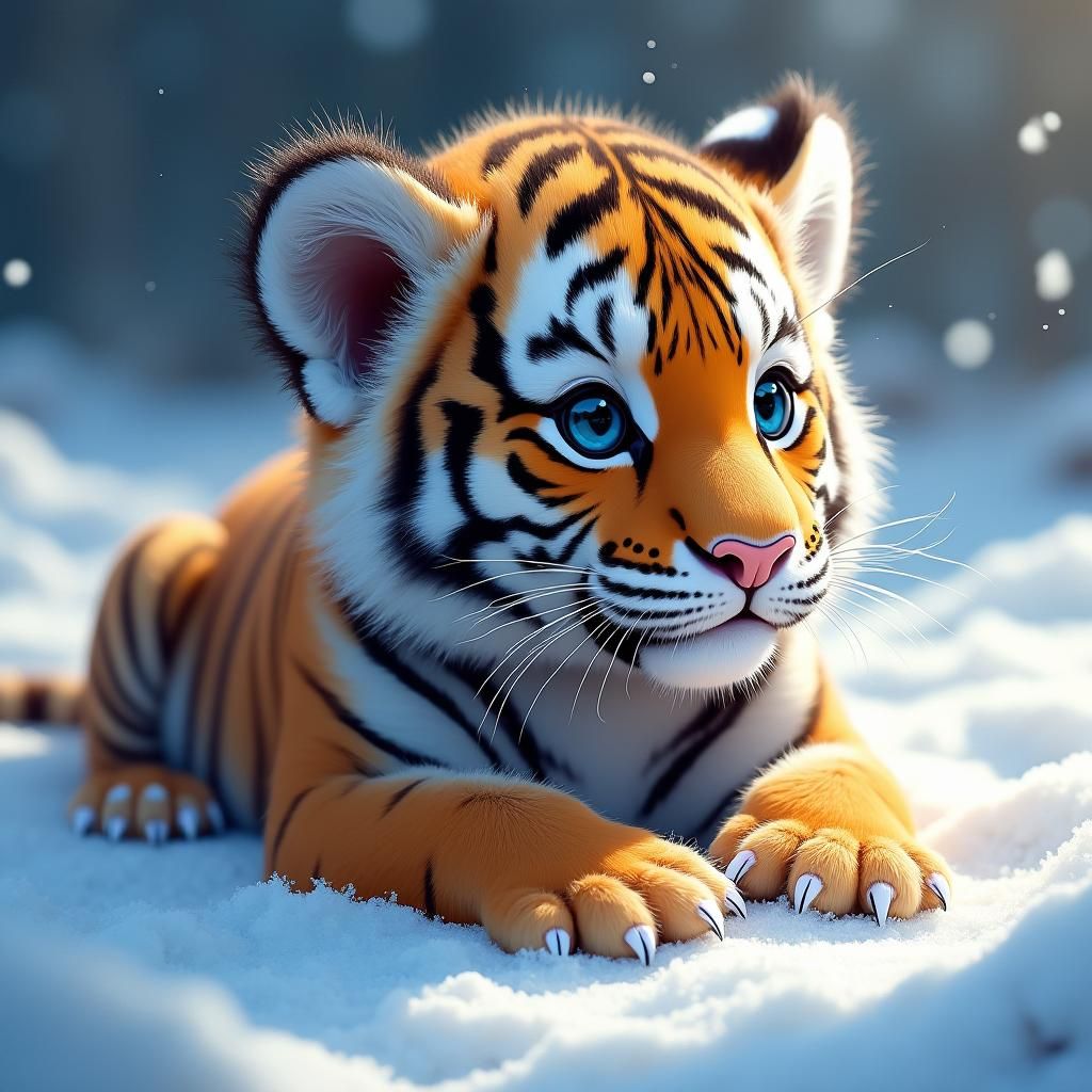 Adorable Baby Tiger in Snow, Hyperrealistic Digital Art