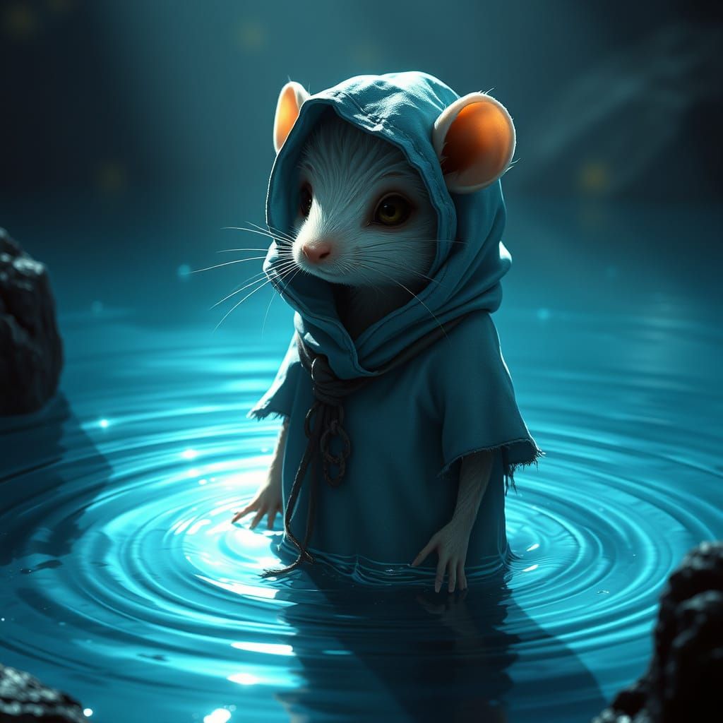 Whimsical Mouse-Like Merchant Emerges from Enchanted Pool