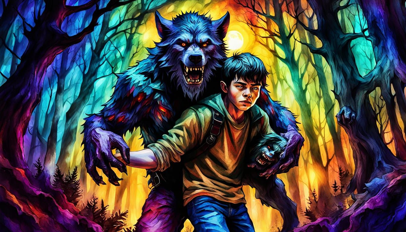 Werewolf Carries Boy in Mystical Forest: Alcohol Ink Art