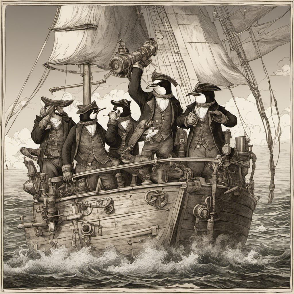 Penguin Pirates on Steampunk Ship Sailing the Seas
