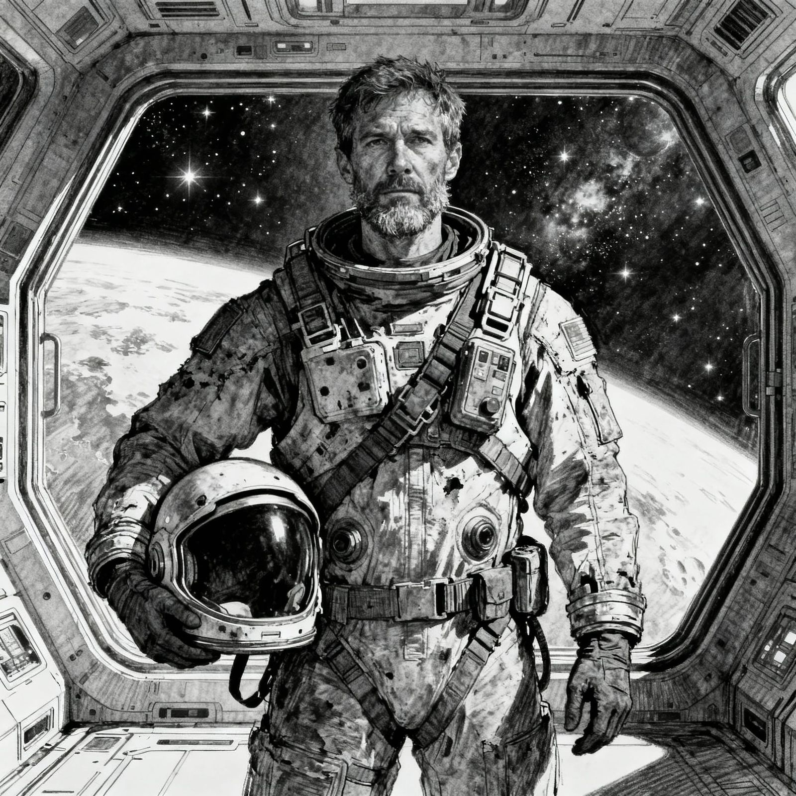 Sci-Fi Explorer in Starship Viewport, Sketchy Style