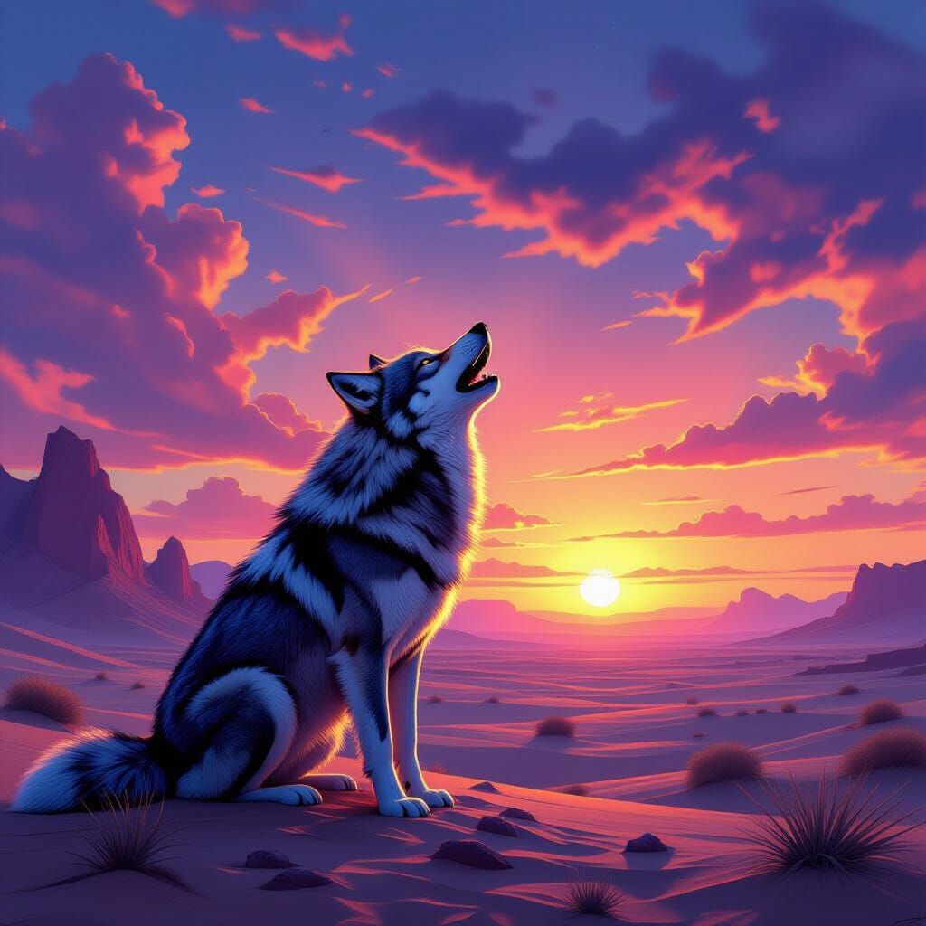 Armored Wolf Howls at Alien Sunset in Dreamy Style