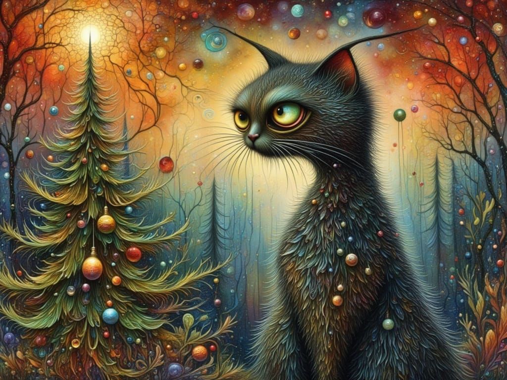 Whimsical Cat Tangled in Christmas Tree