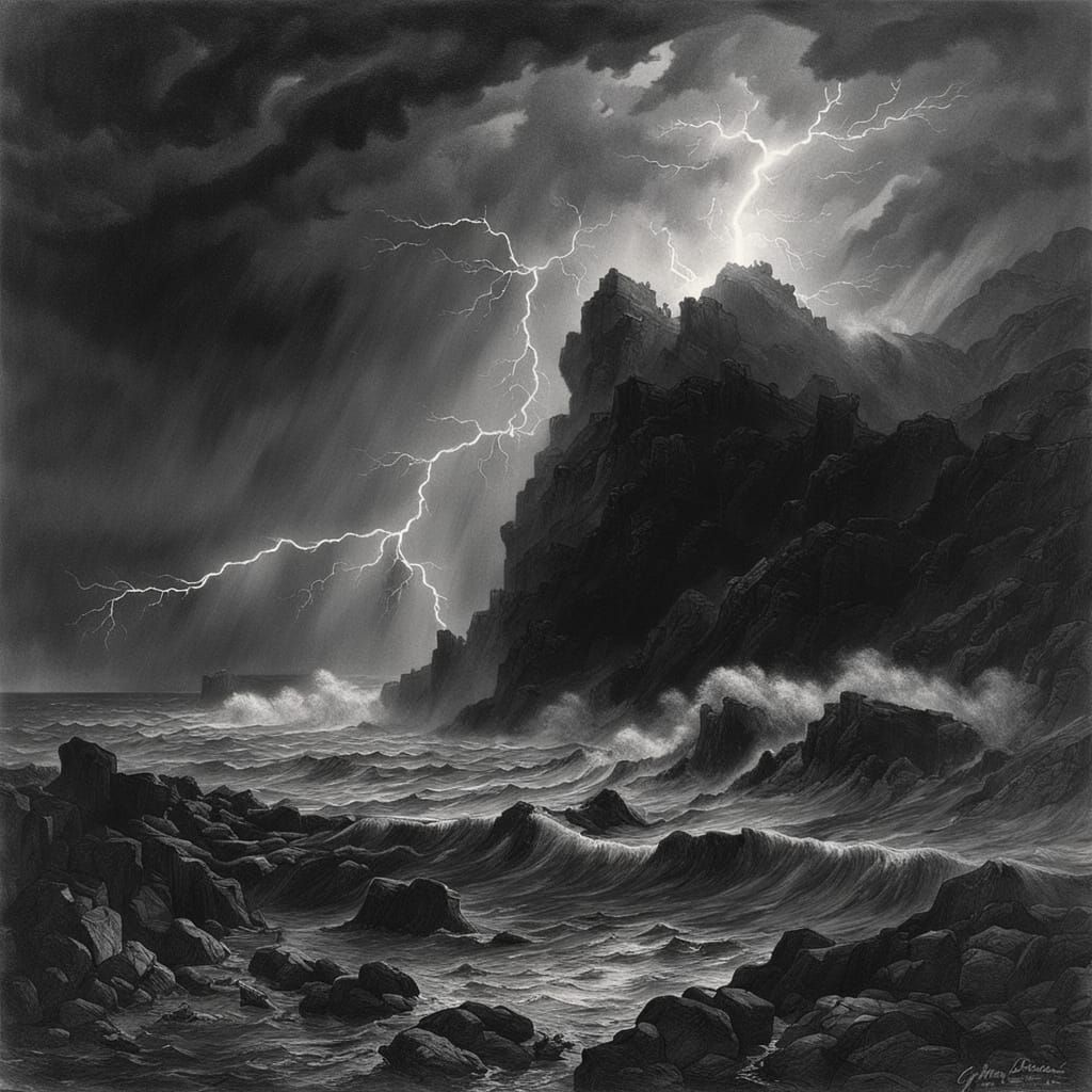 Stormy Cliff in a Flash of Lightning, in Classic Black-and-W...