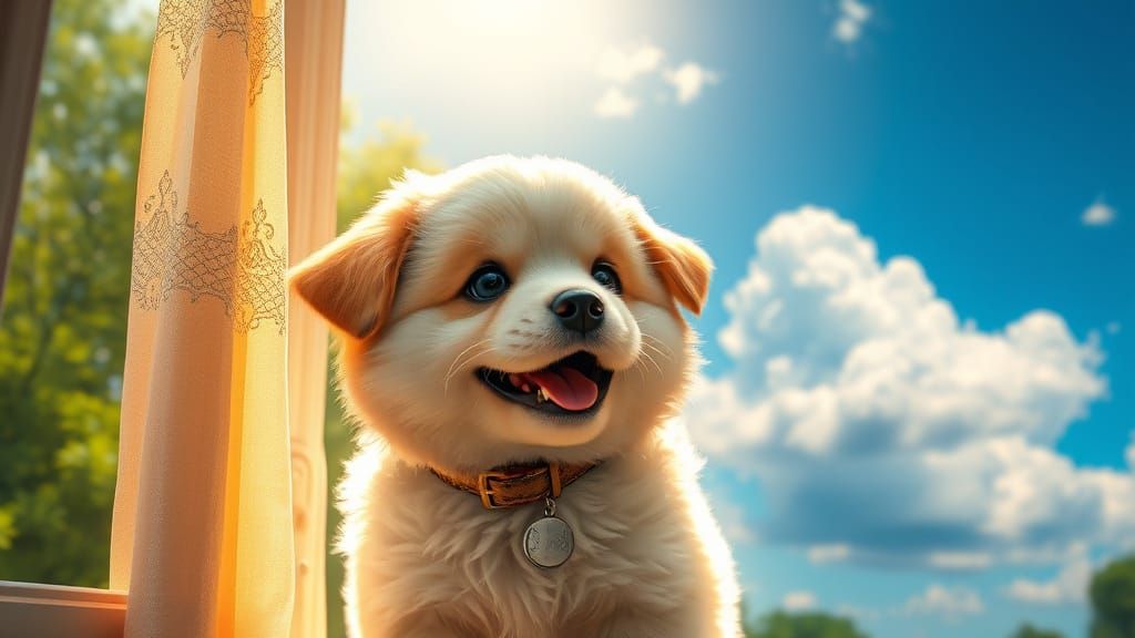 Adorable Puppy Gazing Out Sunny Window in Whimsical Realism