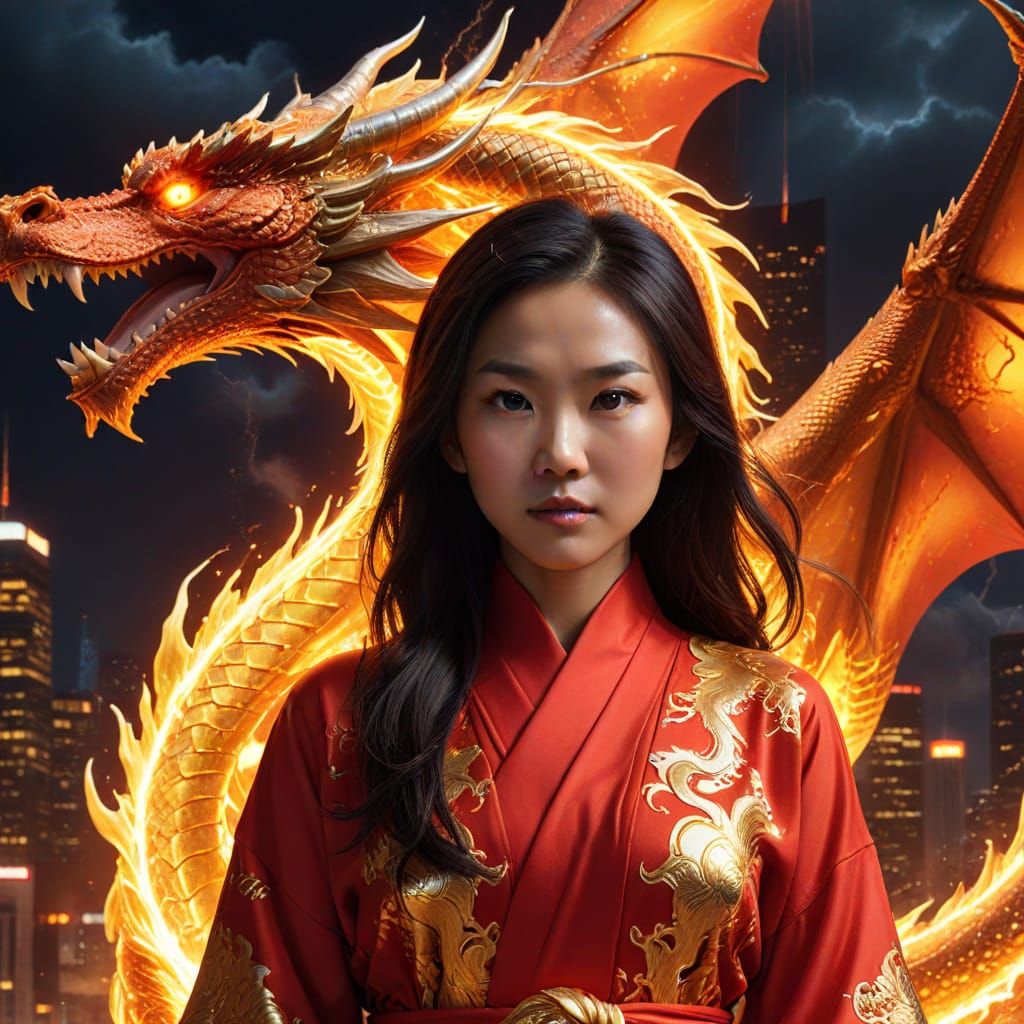 Asian Woman with Dragons in Neon Cityscape