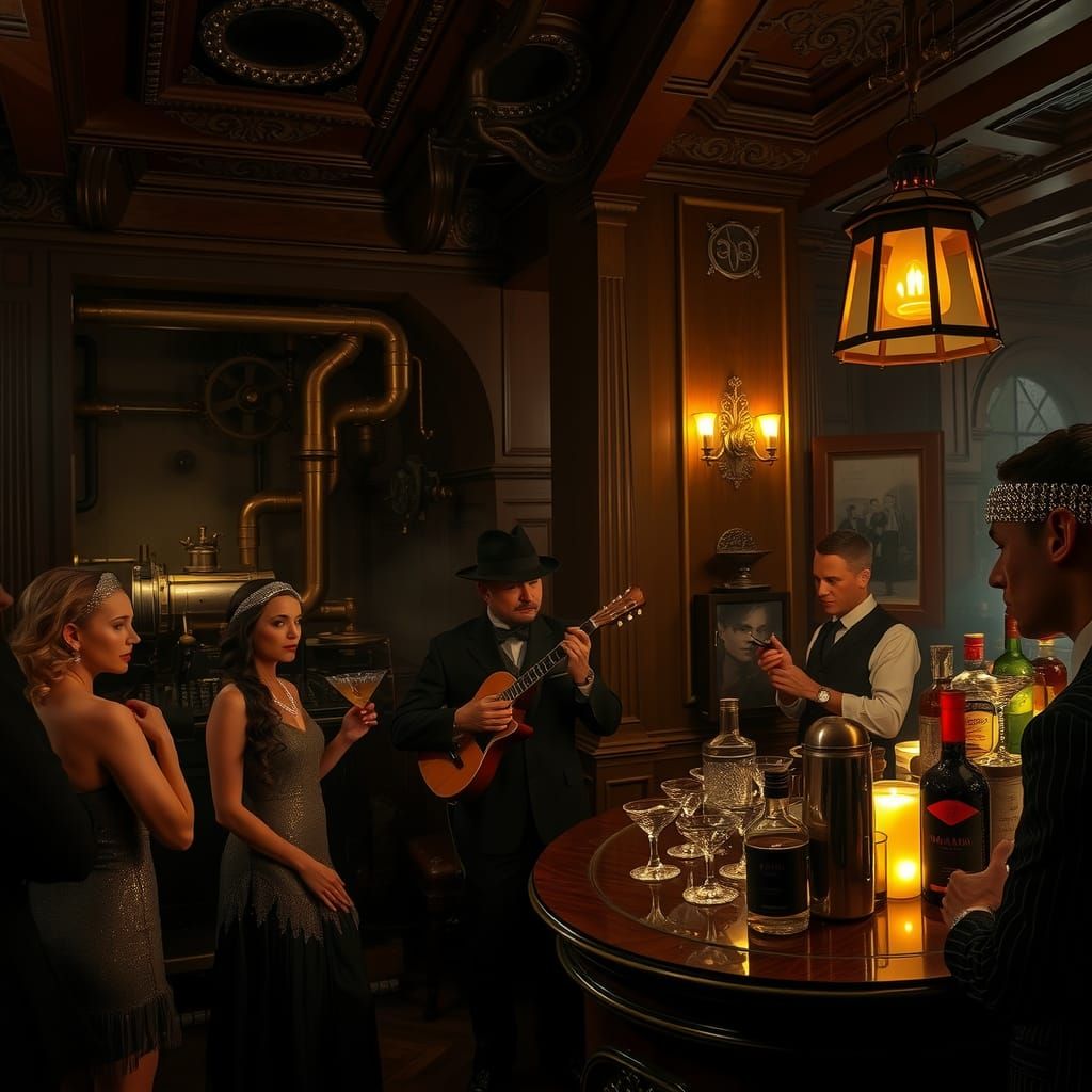 Steampunk Speakeasy Scene in 1920s New York