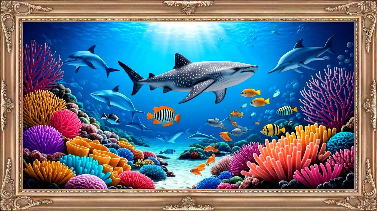 Vivid Coral Reef Oil Painting in Golden Frame