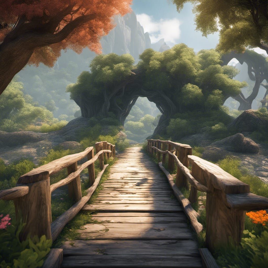 wooden natural bridge made of fallen trees and branches