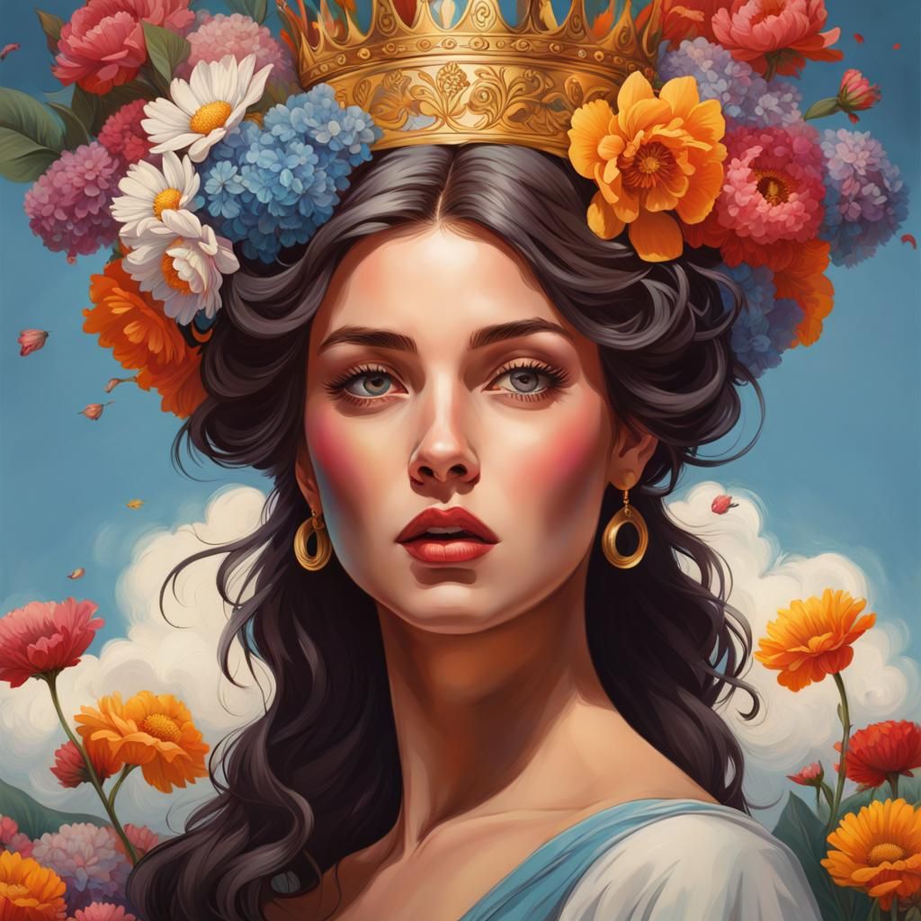Hyperrealistic Woman Dancing with Flower Crown