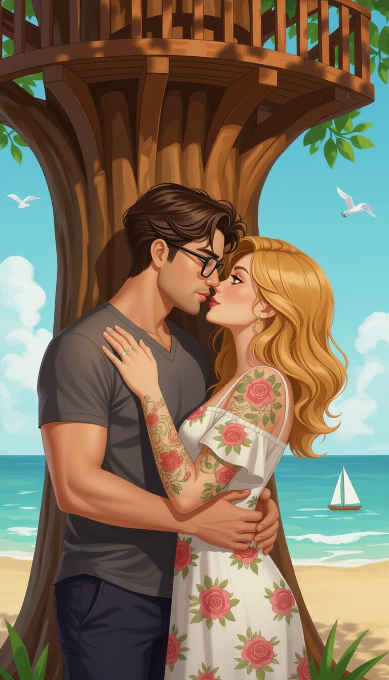 Romantic Kiss in Hyperrealistic Illustration