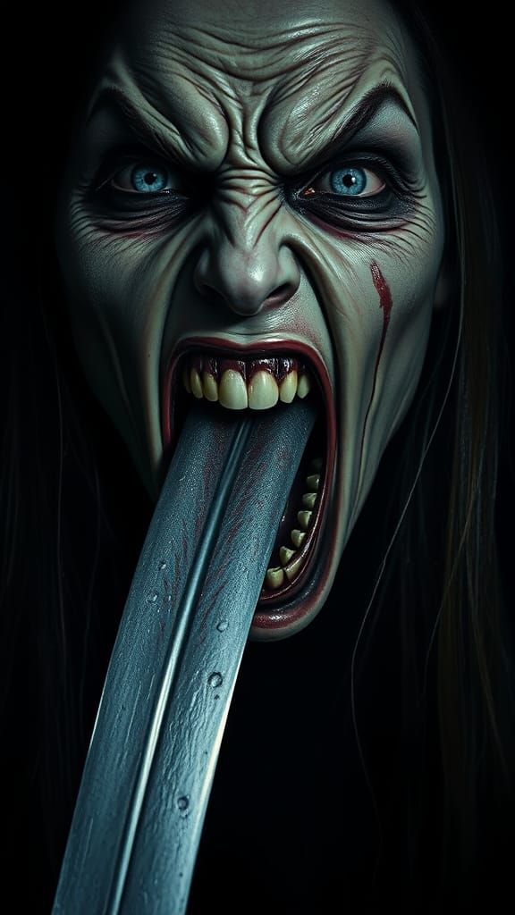 Terrifying Woman with Sword Tongue in Ominous Dark Art