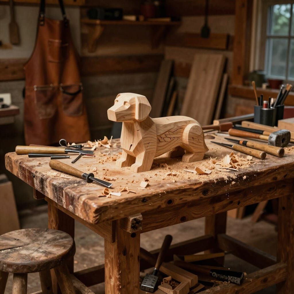 Rustic Workbench Scene with Wooden Dog Sculpture