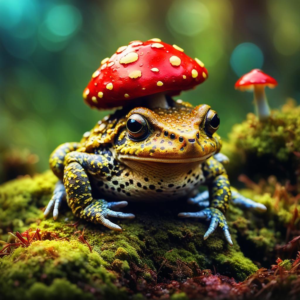 Glowing Mushroom Toad: Macro Photography in Playful Style