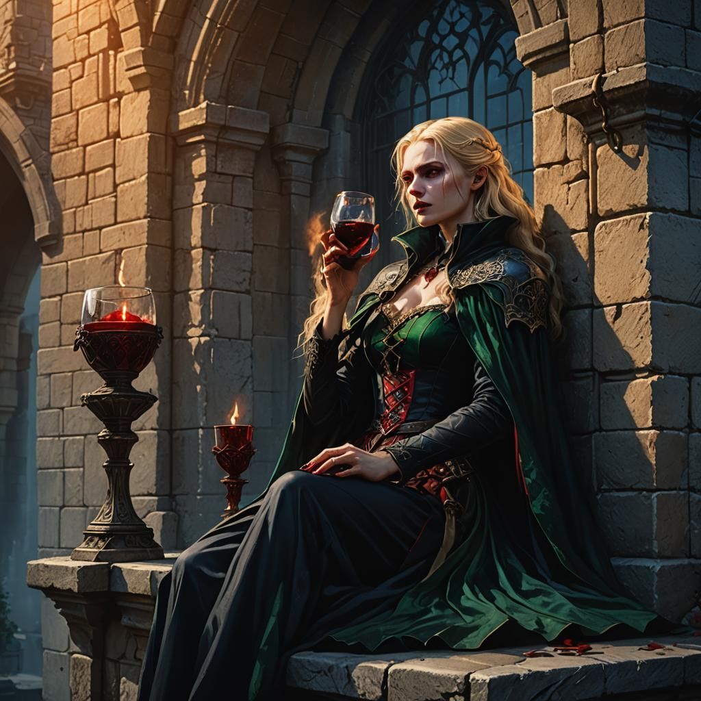 Blonde Vampire Drinks Blood in Dark Fantasy Art