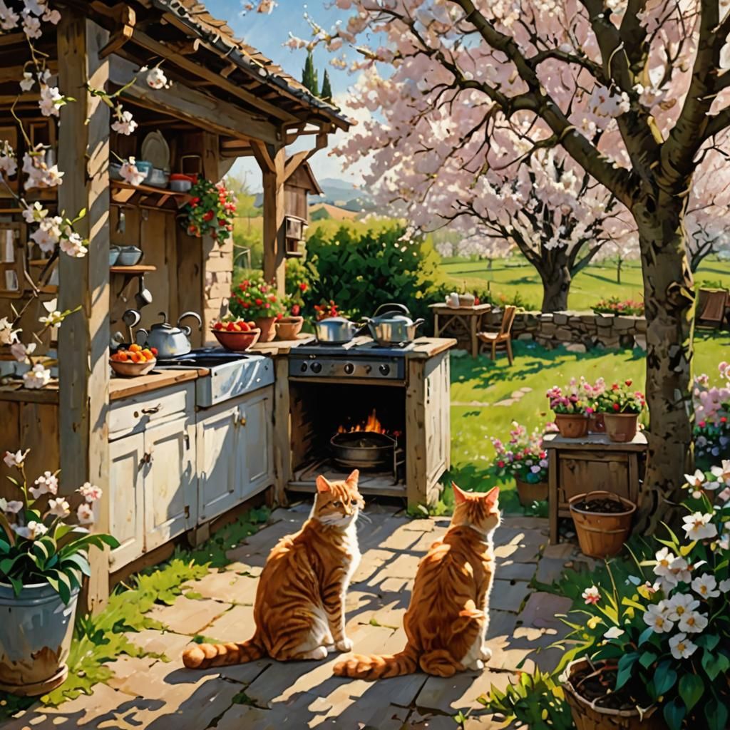 Blossom Orchard View with Ginger Cat