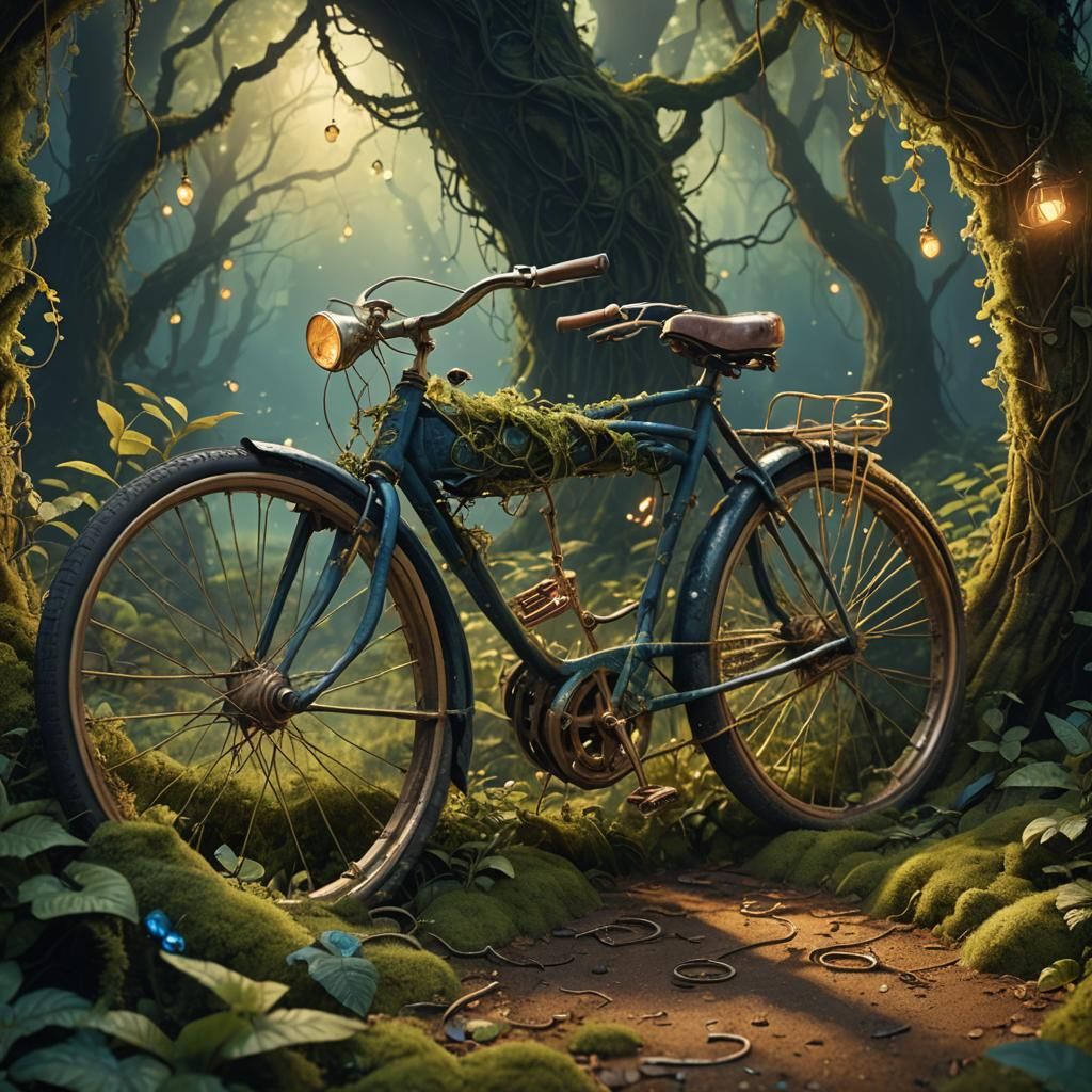Vintage Bicycle in Enchanted Forest, Fantasy Concept Art