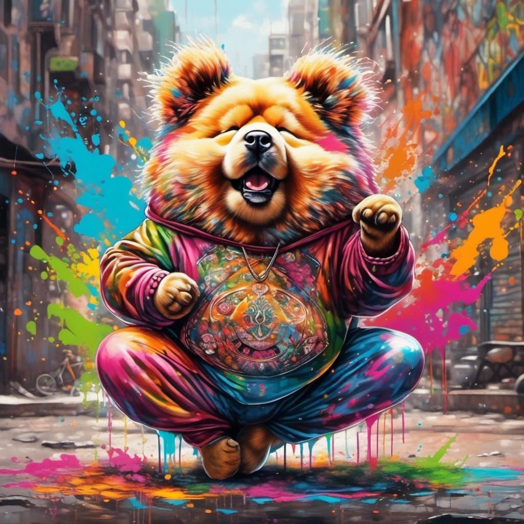 Chow Chow in Yoga Pose as Graffiti Art