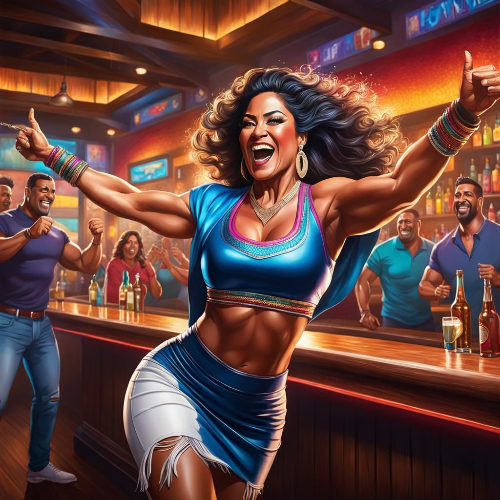 Hyperrealistic Latina Woman Dancing in a Bar