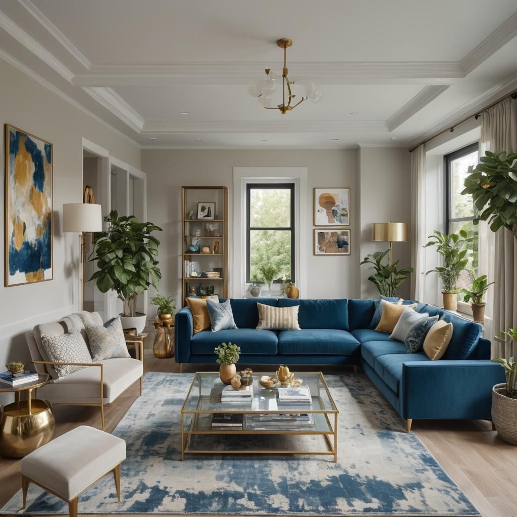 Contemporary Living Room with Natural Light and Blue Sofa