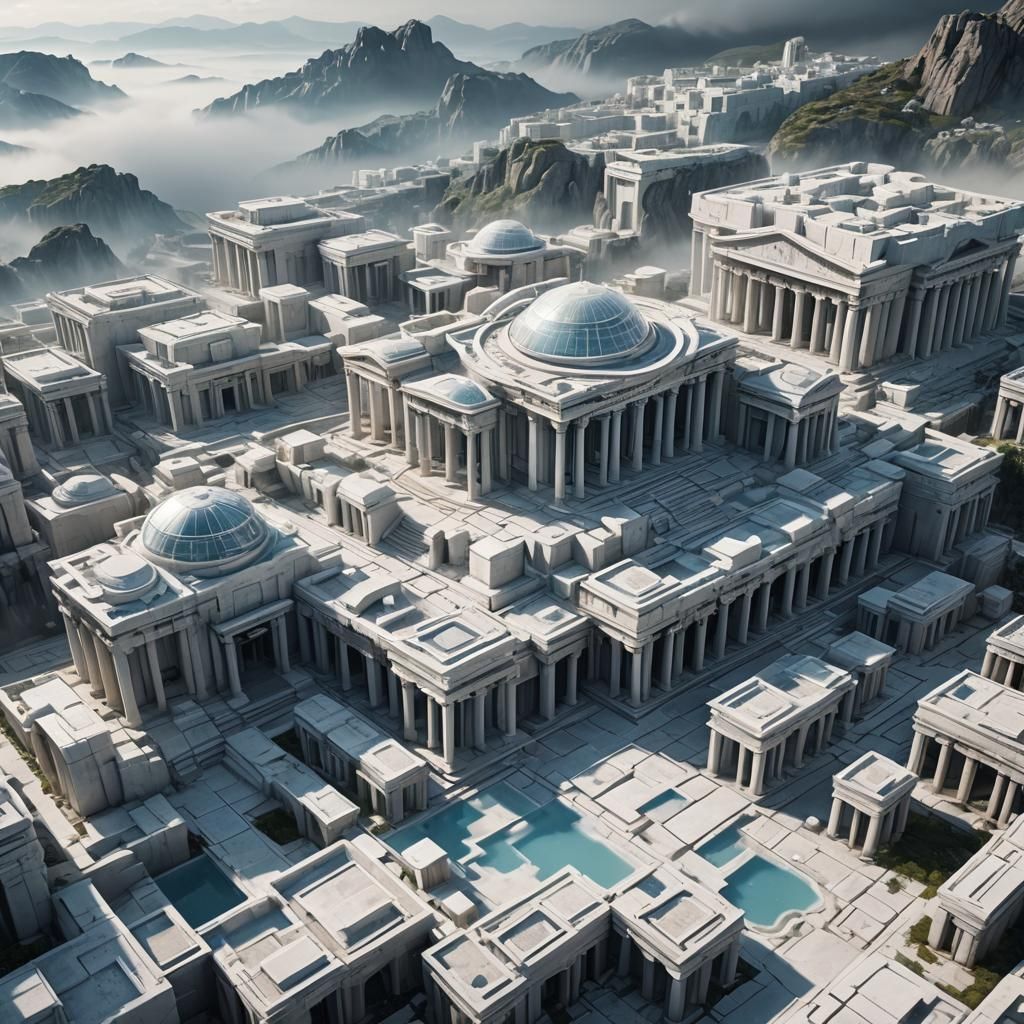 Futuristic Glass Greek City in Sci-Fi Style