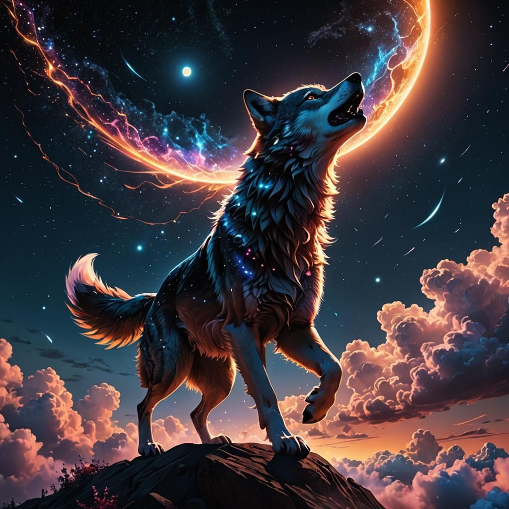 Astral Wolf Leaping to the Moon, as Digital Art