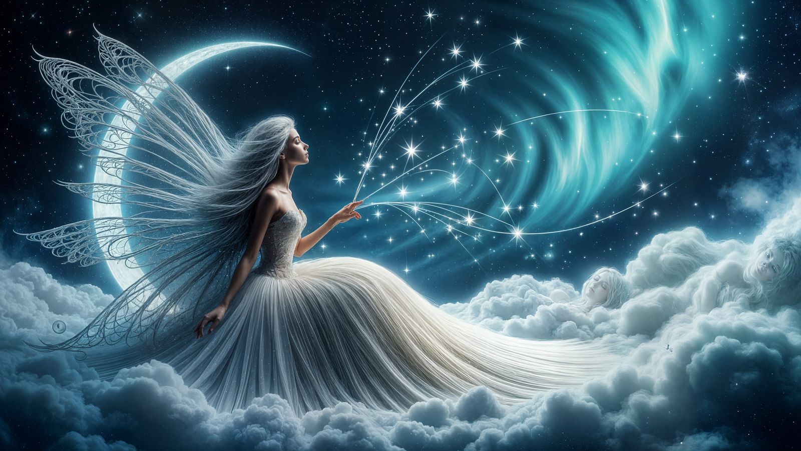 <lora:PIANO FAIRY:1.0> A celestial scene featuring a fairy, ...