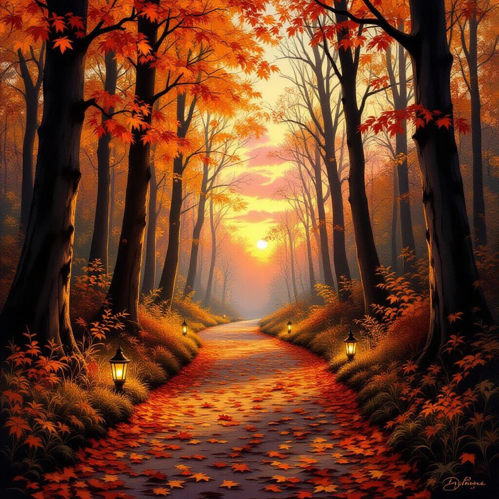 Golden Autumn Forest Path with Glowing Lanterns