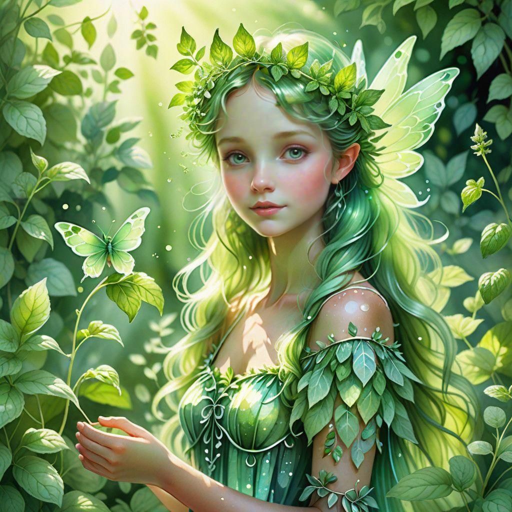 Whimsical Mint Fairy in a Verdant Setting
