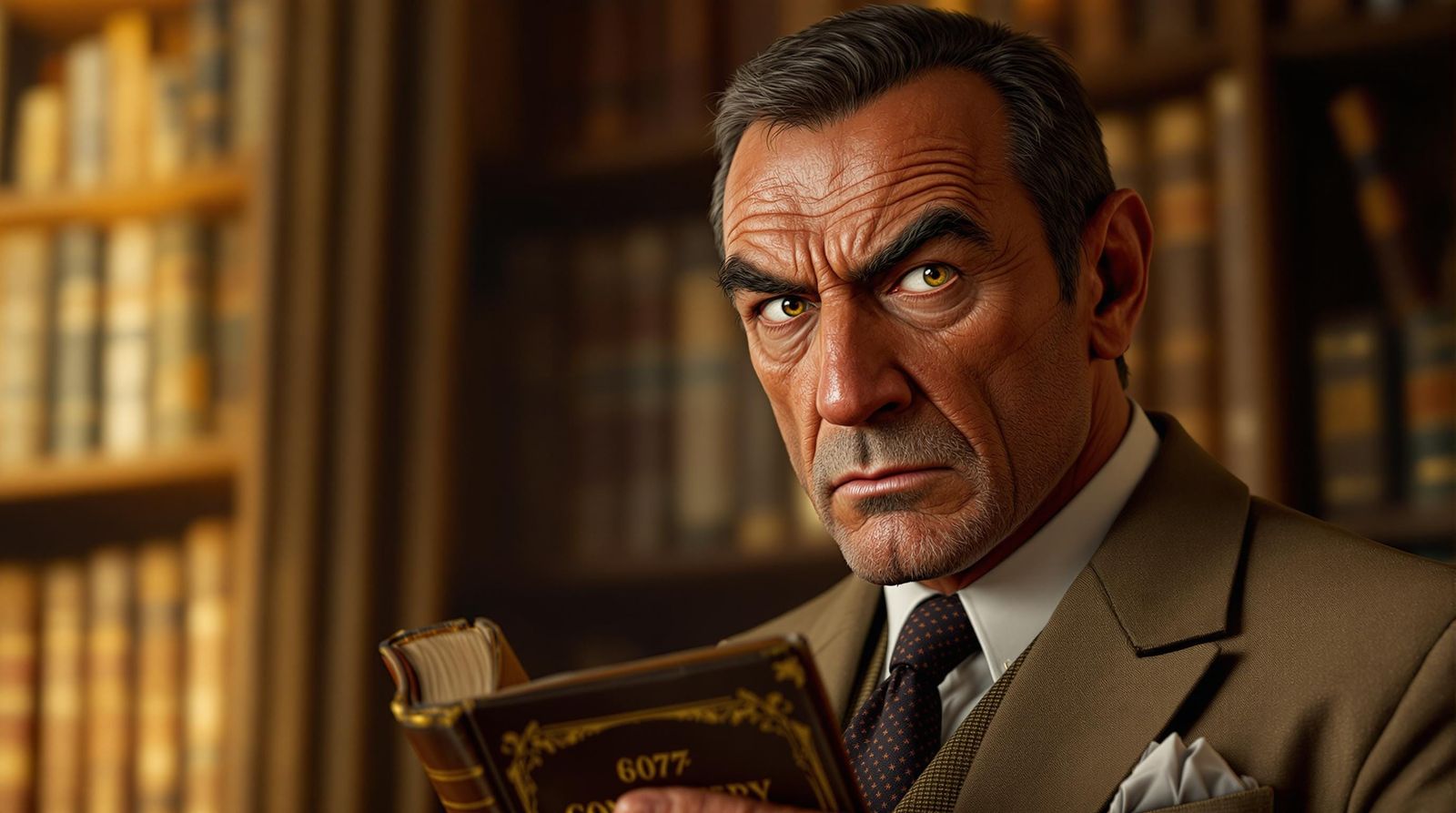 Sean Connery in a Fury, Holding a Book, Amidst a Bookshelf