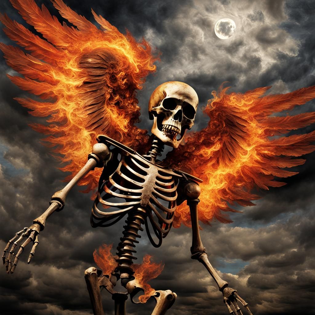 Skeletal Angel Descends to Fiery Earth