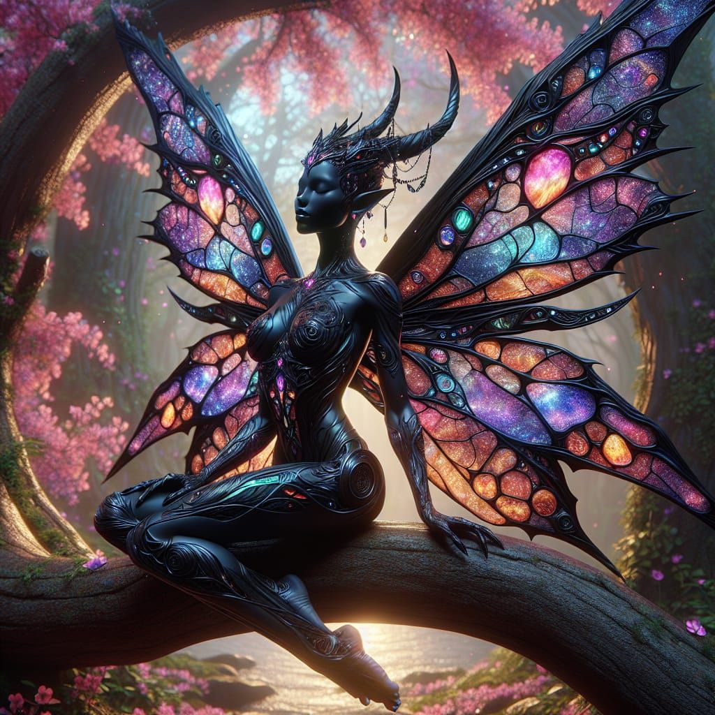 A majestic dark fairy sitting gracefully on a curved tree br...